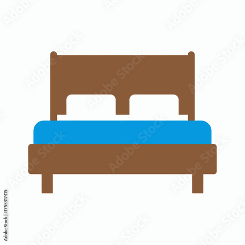 A simple, flat illustration of a brown wooden bed with a bright blue mattress and two white pillows.
