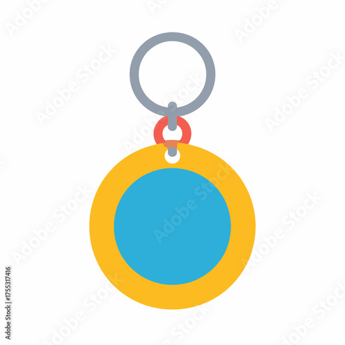 A simple, flat design illustration of a round keychain with a blue center and yellow border.