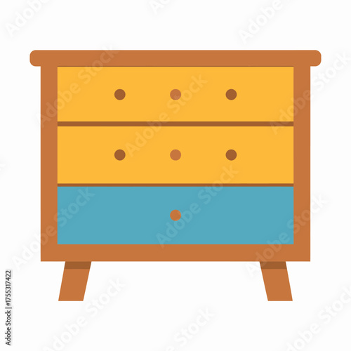 A simple flat design illustration of a wooden dresser with three drawers, two yellow and one blue.