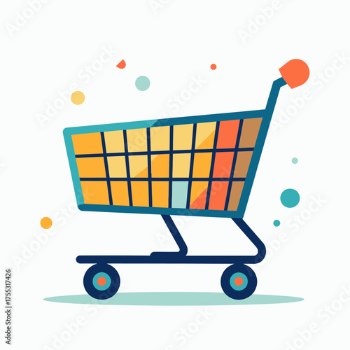 A colorful and stylized illustration of an empty shopping cart with wheels and a handle.