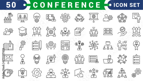 Conference vector icon set collection with business meeting, seminar, discussion, speaker, presentation and professional event