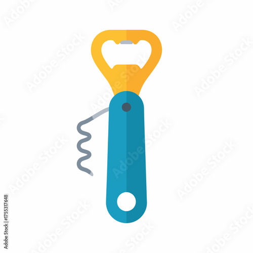 A blue and yellow multi-tool bottle opener with a corkscrew attachment.