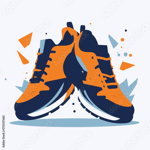 A pair of vibrant orange and navy blue athletic shoes are depicted in a stylized illustration.