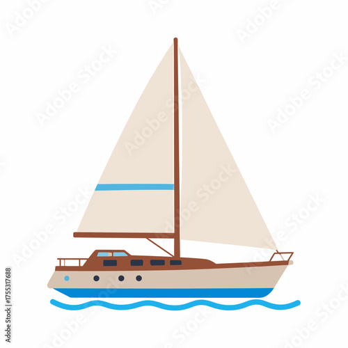 A detailed illustration of a sailboat with a brown hull and white sails gliding on blue water.