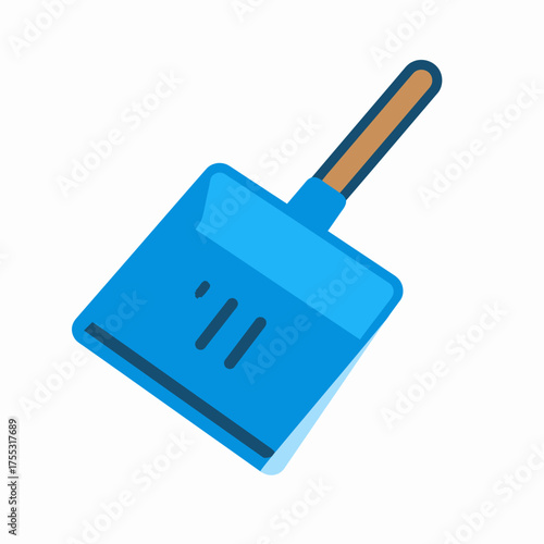 A simple blue dustpan with a wooden handle for cleaning purposes.