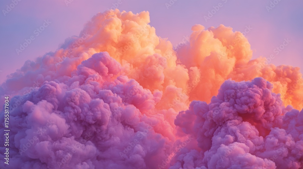 Fototapeta premium A vibrant, surreal cloud formation with hues of pink, orange, and purple, set against a gradient sky with soft, warm tones. 