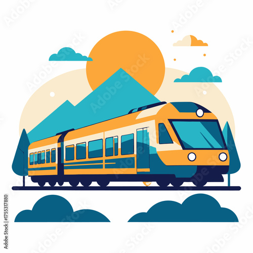 A vibrant illustration of a modern yellow and blue passenger train traveling through a scenic landscape at sunset.