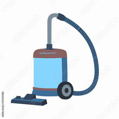 A cartoon illustration of a blue and brown upright vacuum cleaner with a hose and floor attachment.