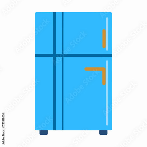 A simple, flat illustration of a bright blue refrigerator with two doors and orange handles.