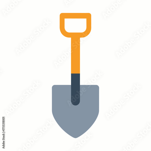 Simple flat design illustration of a garden shovel with an orange handle and grey blade.