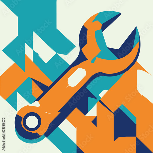 A stylized orange wrench set against a dynamic abstract geometric background of blue and orange shapes.