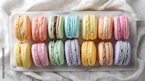 Vibrant Pastel Macarons Assortment on a Marble Plate