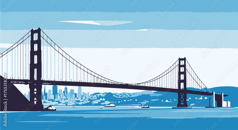 Fototapeta premium Golden Gate Bridge Illustration with San Francisco Skyline, Perfect for Travel Guides, City Promotion, and Architectural Design Projects, Showcasing Iconic Landmarks