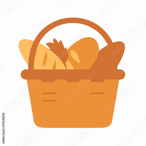 Illustration of a basket filled with bread loaves and a leaf.