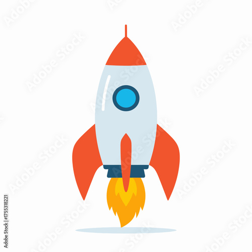 A cartoon illustration of a white and red rocket ship blasting off with orange flames coming from its engines.
