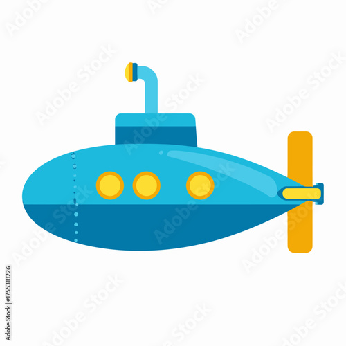 A simple blue cartoon submarine with yellow portholes and a periscope, isolated on a white background.