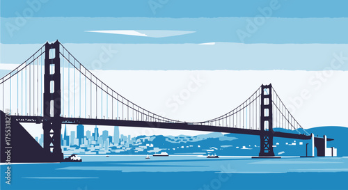 Golden Gate Bridge Illustration with San Francisco Skyline, Perfect for Travel Guides, City Promotion, and Architectural Design Projects, Showcasing Iconic Landmarks