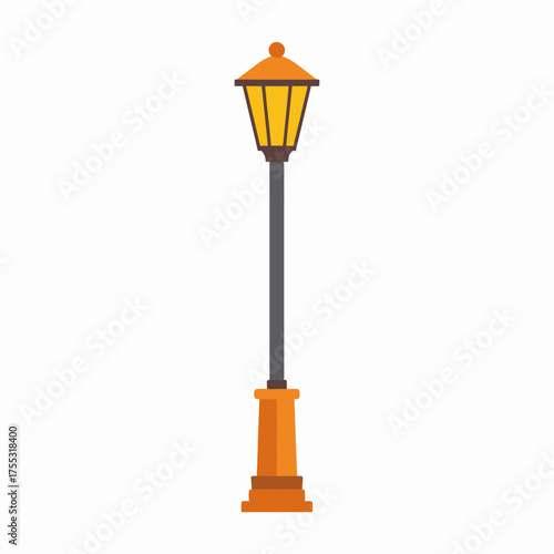 A classic orange and yellow street lamp with a tall dark pole.
