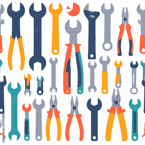 Seamless pattern of various hand tools, including wrenches and pliers, on a white background.