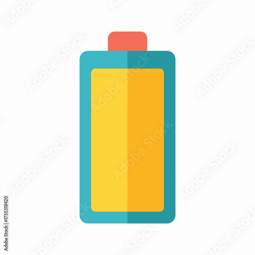 Flat design icon of a battery, showing a charge level, with yellow, teal, and red colors.