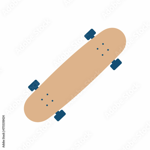 A simple illustration of a longboard skateboard with a light brown deck and blue wheels.