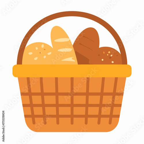 A brown woven basket filled with an assortment of freshly baked bread loaves and baguettes.
