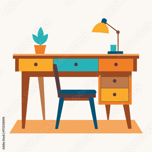 A modern flat design illustration of a home office workspace with a wooden desk, chair, lamp, and plant.