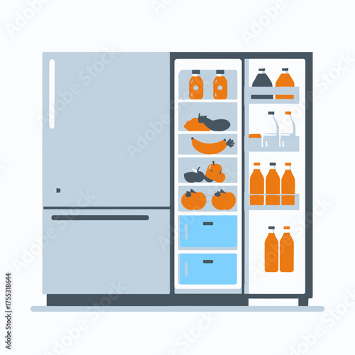 Vector illustration of a modern side-by-side refrigerator with its door open, revealing fresh food and drinks.
