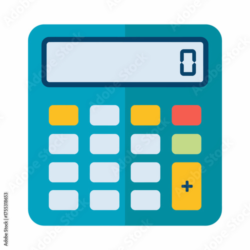 A flat design illustration of a blue calculator with a display and buttons for calculations.