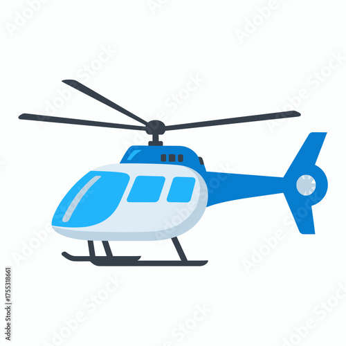 A blue and white helicopter with its rotors extended, depicted in a side profile against a white background.