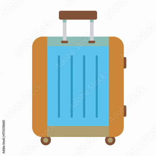 A detailed illustration of a brown and blue suitcase with wheels and a handle.