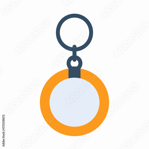 A simple flat design illustration of a blank circular keychain or tag with a dark blue ring and an orange border.
