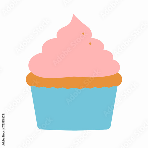 A simple illustration of a cupcake with pink frosting in a blue wrapper.