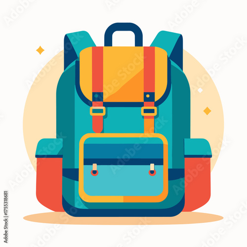 A vibrant and colorful flat design illustration of a backpack, featuring teal, orange, and yellow accents, ideal for travel or school.