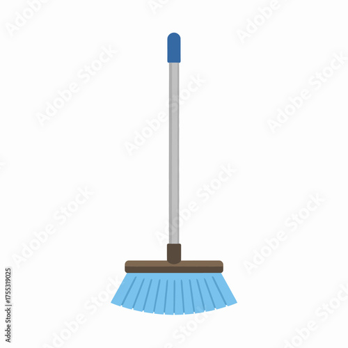 A simple illustration of a household cleaning broom with blue bristles and a long handle isolated on a white background.