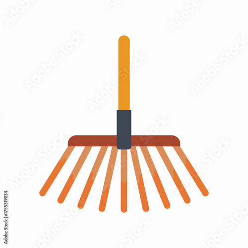 A flat illustration of a garden rake with an orange head and wooden handle, perfect for yard work.