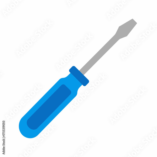 A simple flat-head screwdriver with a bright blue plastic handle and a gray metal shaft, isolated on a white background.