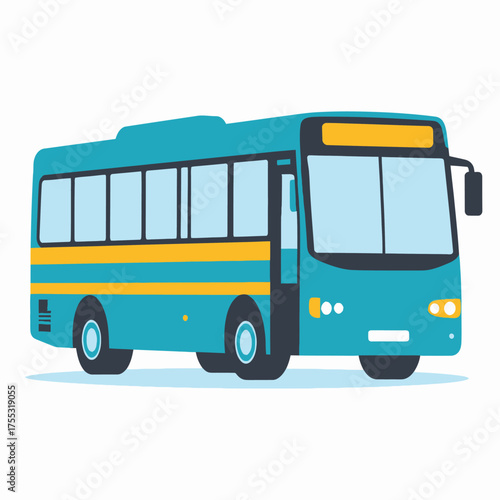 A flat design illustration of a turquoise public transportation bus with yellow stripes.