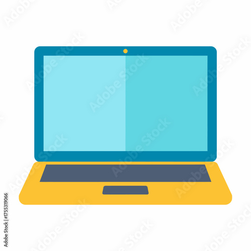 A flat design illustration of an open laptop computer with a blue screen and yellow base.