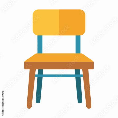 A simple illustration of a wooden chair with a yellow seat and back, and blue legs.