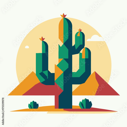 A stylized geometric illustration of a saguaro cactus in a desert landscape with mountains and a sun.