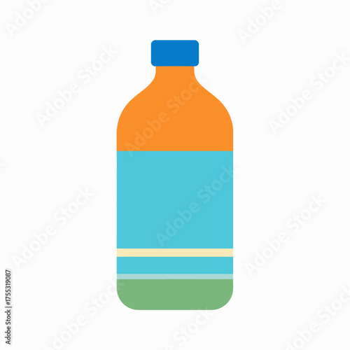 A stylized illustration of a bottle with an orange top and a blue label.