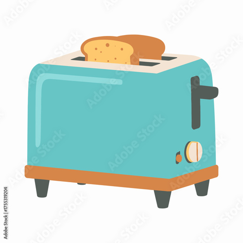 Blue toaster and two slices of bread suitable for kitchen blogs, recipe books, breakfast menus, food and appliance advertisements.