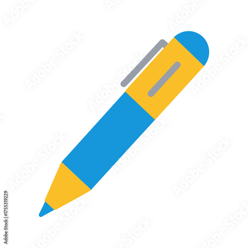 Blue and yellow pen with a silver clip for office supplies, stationery, writing instruments, school supplies, back to school concepts.