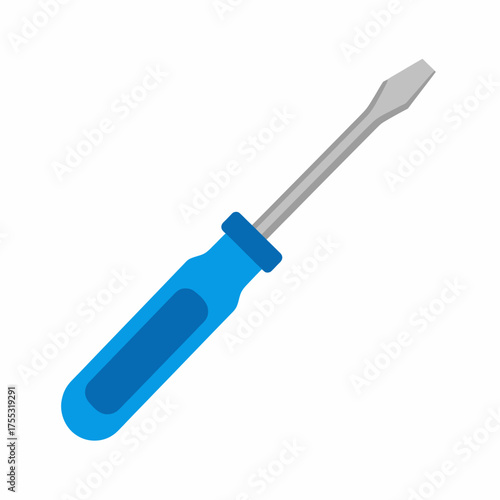 Flathead screwdriver with blue plastic handle for diy projects, hardware store websites, construction guides, tool manuals, and graphic design projects.