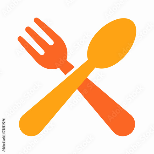 Orange fork and spoon crossed, ideal for food blogs, restaurant menus, kitchen decor, culinary designs, vibrant kitchenware promotions, and cooking themes.