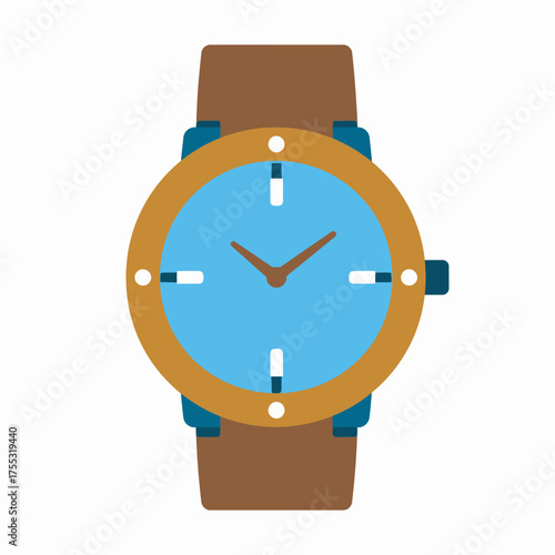 A detailed illustration of a wristwatch with a light blue face and brown leather strap.