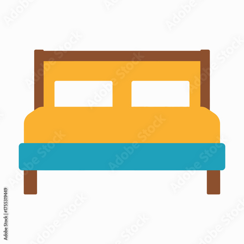 A simple, flat illustration of a double bed with a yellow headboard and a blue base.
