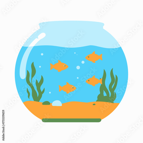 Illustration of a fishbowl with four goldfish, seaweed, and sand.