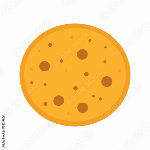 A simple flat cartoon illustration of a round yellow-orange cookie with brown chocolate chips on a white background.